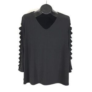 Susan Graver Ladder Sleeve V-Neck Blouse Women's XL Black Liquid Knit Holiday